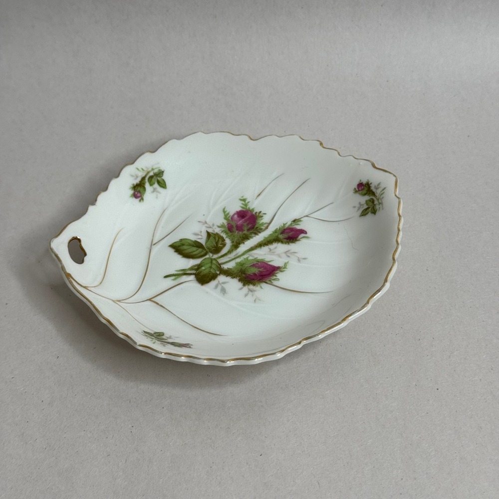 Vintage Leaf Dish Rose Floral Gold Trim Occupied Japan Trinket Jewelry